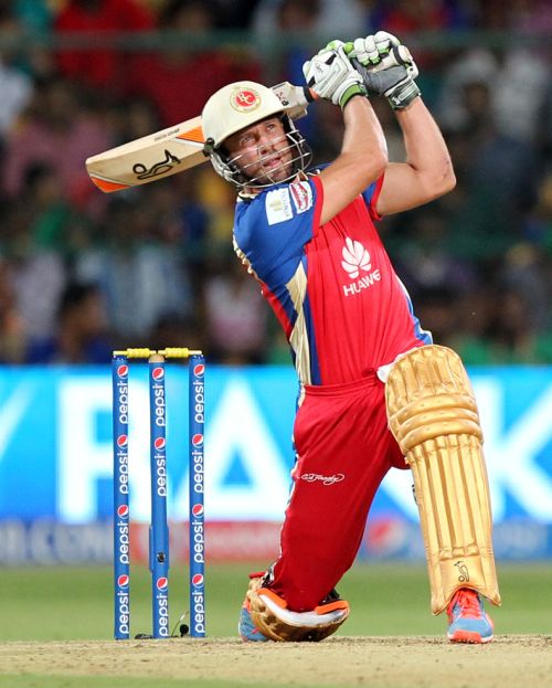 Ab de Villiers of the Royal Challengers Bangalore hits a six during match 24 of the Pepsi Indian Premier League Season 2014 between the Royal Challengers Bangalore and the Sunrisers Hyderabad held at the M. Chinnaswamy Stadium, Bangalore, India on the 4th May  2014Photo by Prashant Bhoot / IPL / SPORTZPICSImage use subject to terms and conditions which can be found here:  http://sportzpics.photoshelter.com/gallery/Pepsi-IPL-Image-terms-and-conditions/G00004VW1IVJ.gB0/C0000TScjhBM6ikg