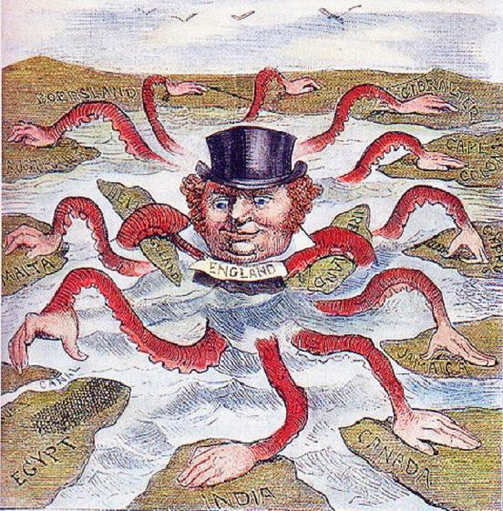 An American cartoonist in 1888 depicted John Bull (England) as the octopus of imperialism, grabbing land on every continent.  
HWC925
